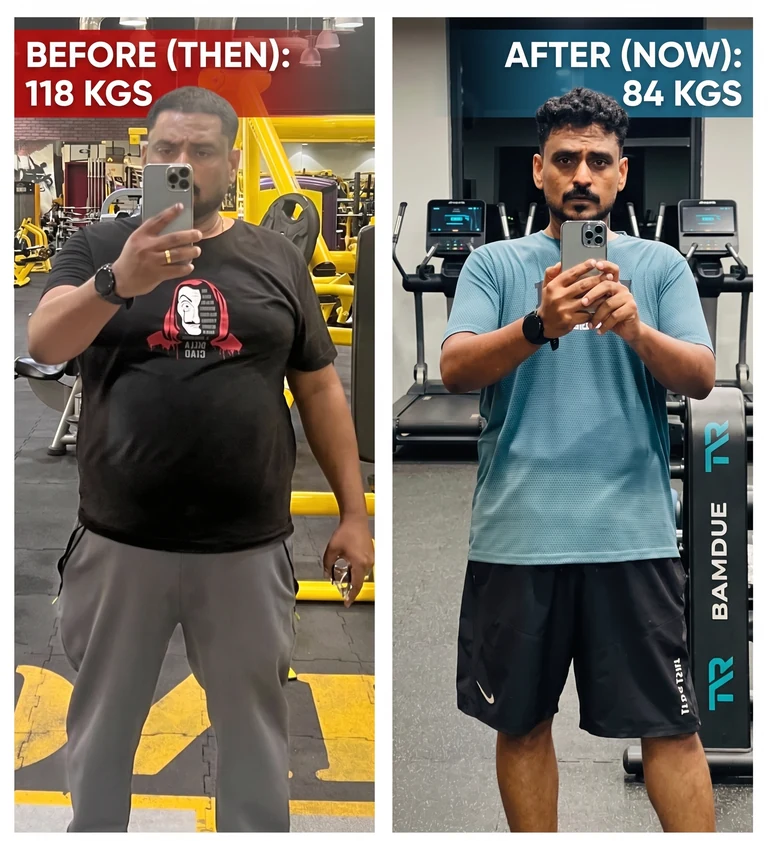 Jay before and after: 118 kg then, 84 kg now, after 1-on-1 PTD coaching